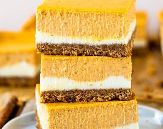 Best Pumpkin Spice Cheesecake Bars with Biscoff Crust top view
