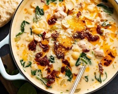 Cozy Creamy Crockpot Tuscan Garlic Chicken Orzo Soup top view