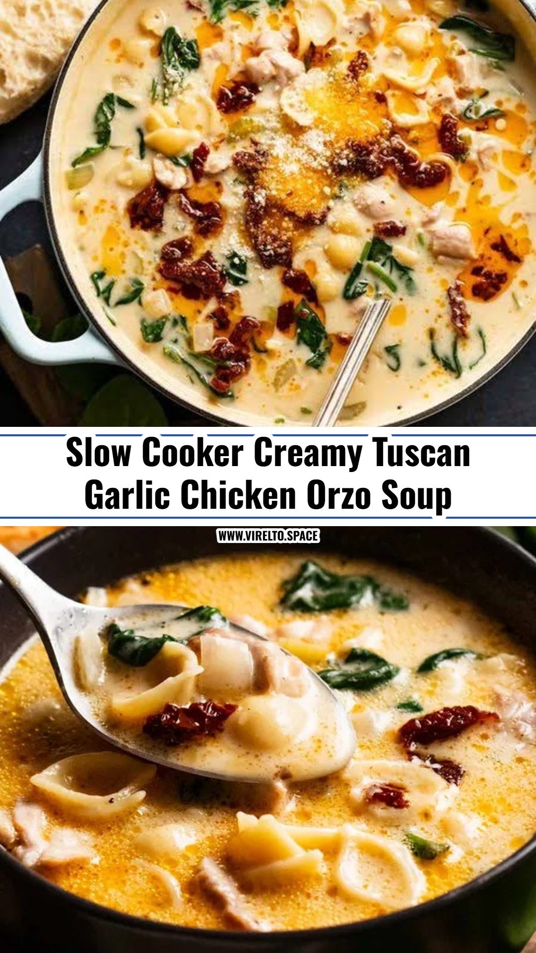 Cozy Creamy Crockpot Tuscan Garlic Chicken Orzo Soup