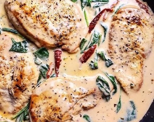 Easy Creamy Tuscan Garlic Chicken Skillet top view