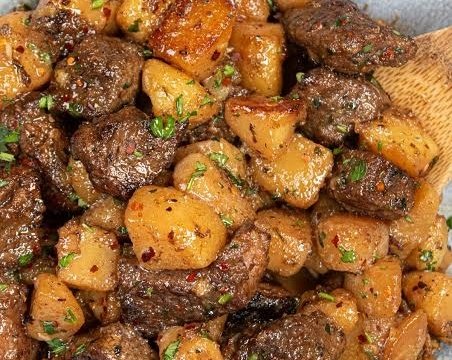 Viral Garlic Butter Steak Bites and Crispy Potatoes top view